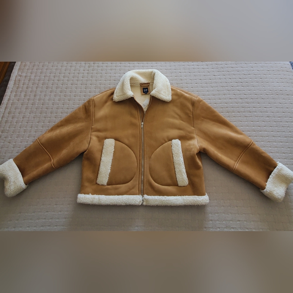 Gap Women's XXL Tall Vegan Suede Sherpa-Trim Jacket Brannan Brown NWT - Picture 14 of 15